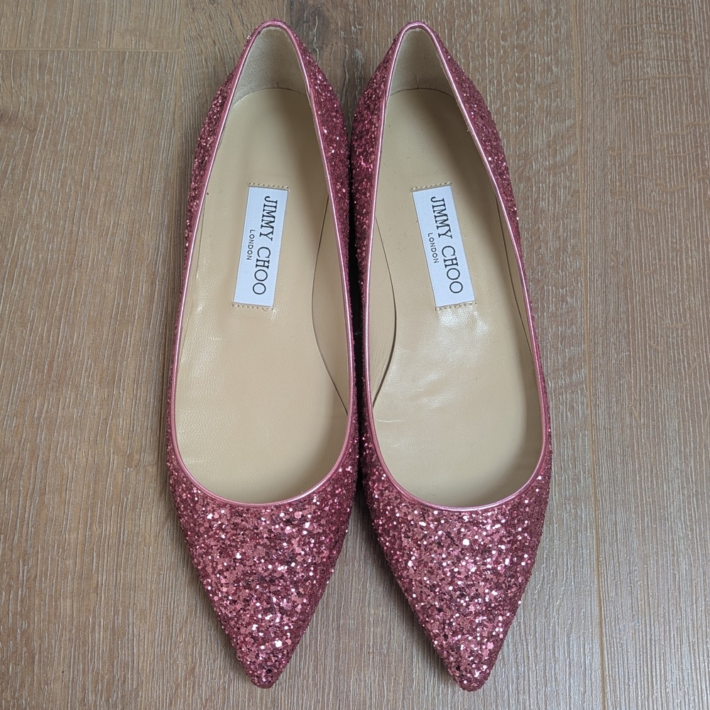 NIB Jimmy Choo Alina Pink Glitter Pointed Toe Flats